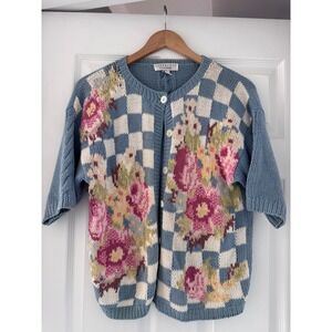 Grandmacore Knitted Chunky Floral‎ Short Sleeve Cardigan Sweater